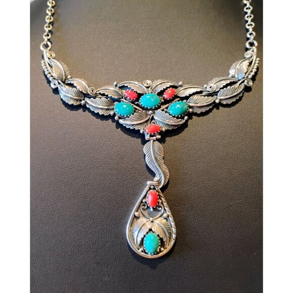 Southwest Native Style Sterling Silver Coral & Turquoise Feather Design Necklace - Picture 1 of 7